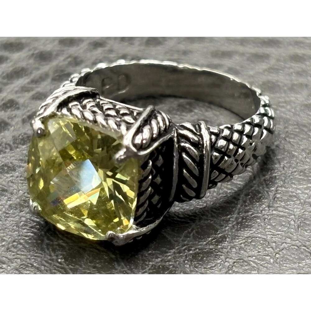 Designer Silver Tone Yellow CZ Faux Citrine Cushion Cut Ring Cable Woven Band 7